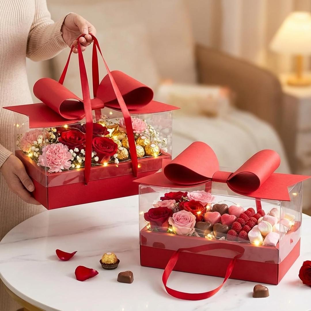 AceOrbit 1 Set Large Red Gift Box with Bow and Clear Window Valentine's Day Empty Boxes Cardboard Fillable Chocolate Flower Arrangement Packaging for Valentine Birthday Bridal Wedding