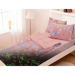 A Nice Night Colorful Butterfy Plush Zippered Comforter Set,Zipper Bedding Glow in The Dark for Child, Twin (Pink)