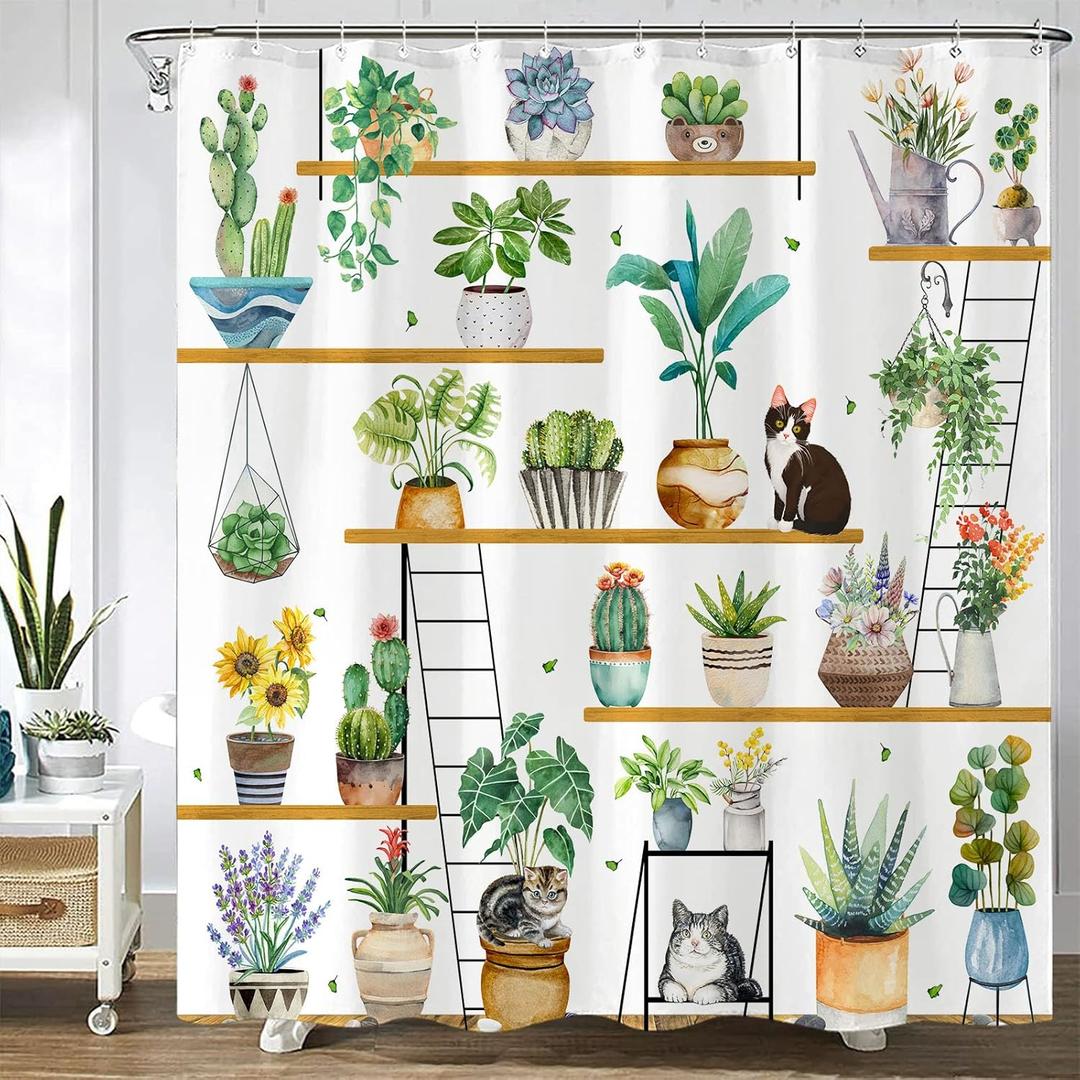 Green Potted Plant Shower Curtain for Bathroom House Plants Flower Funny Cat Shower Curtains Tropical Cactus Leaf Succulent Floral Extra Large Waterproof Fabric Bath Curtain Decor 72x84 Inch