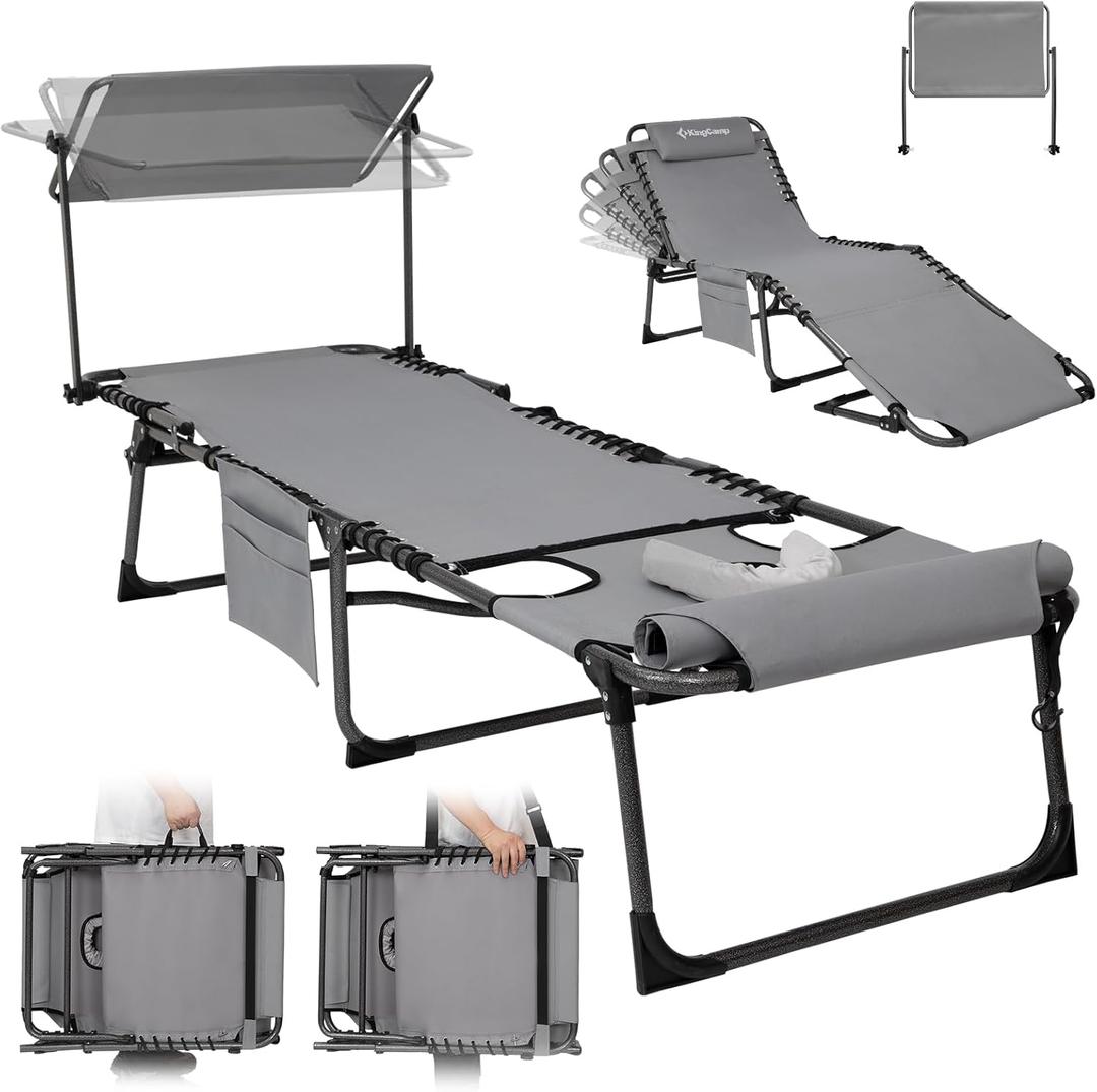 KingCamp Tanning Chair with Face Hole, Lounge Chairs Outdoor Folding Portable Comfy Adjustable 5-Position Foldable Chaise Chaser with Canopy Shade for Outside Beach Patio Sun Bathing Pool, Grey