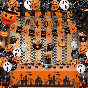 Halloween Party Decorations Set,Banners,Balloons,Cake Toppers,Tablecloth, Hanging Swirls,Backdrop