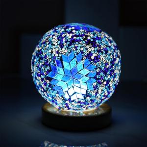 Turkish Table lamp (D:4.7" x H:5.2"),Mosaic Glass Lamps with Wooden Base, Bohemian Tiffany Bedside Lamps, USB Power Moroccan Lantern for Living Room Halloween Decorations (Boho - Sky Blue, Boho)