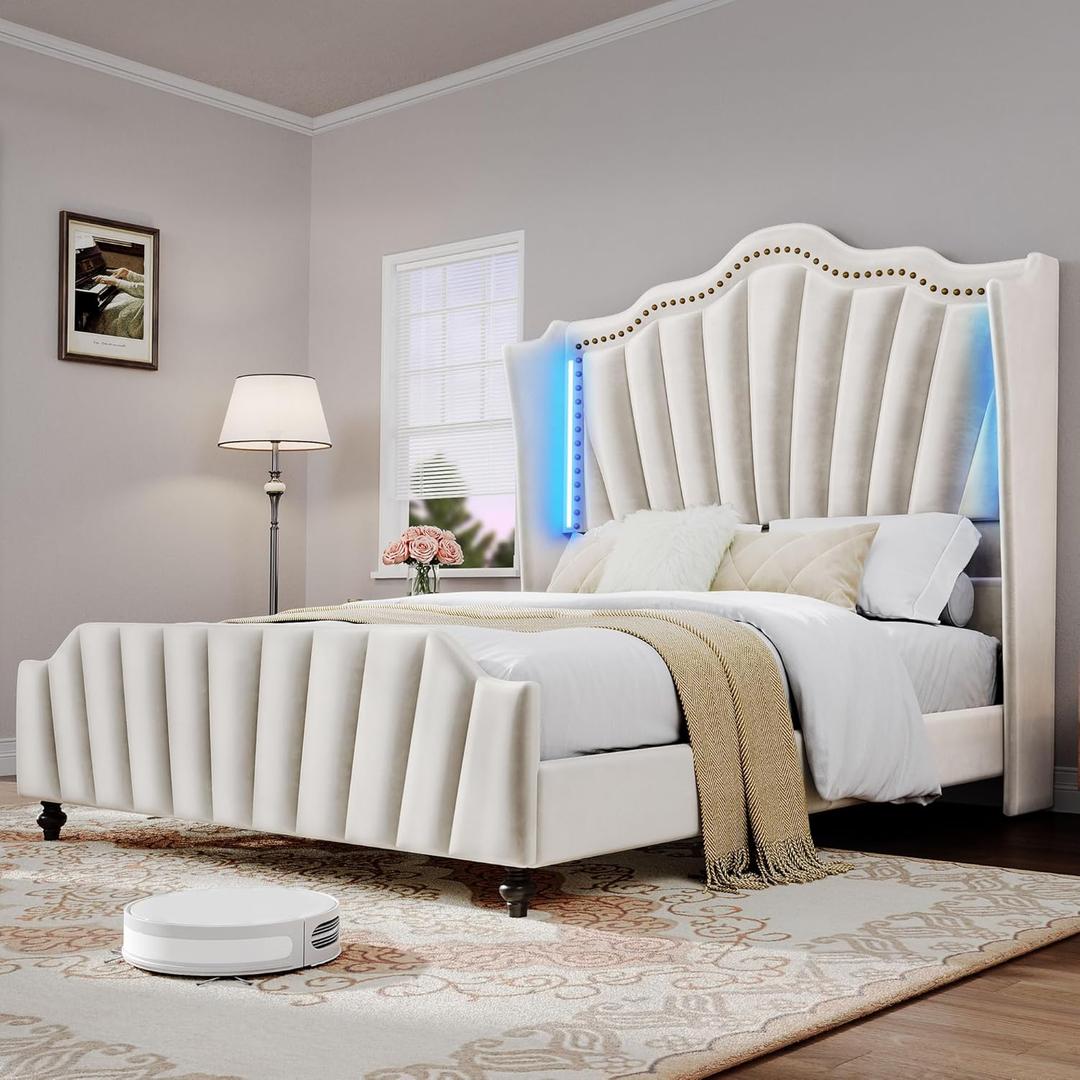 DWVO Queen Size Platform Bed Frame with 60" Tall Wingback Headboard and Footboard, Velvet Upholstered Bed with LED Light, Solid Wood Leg, No Box Spring Needed, Easy Assembly, Beige