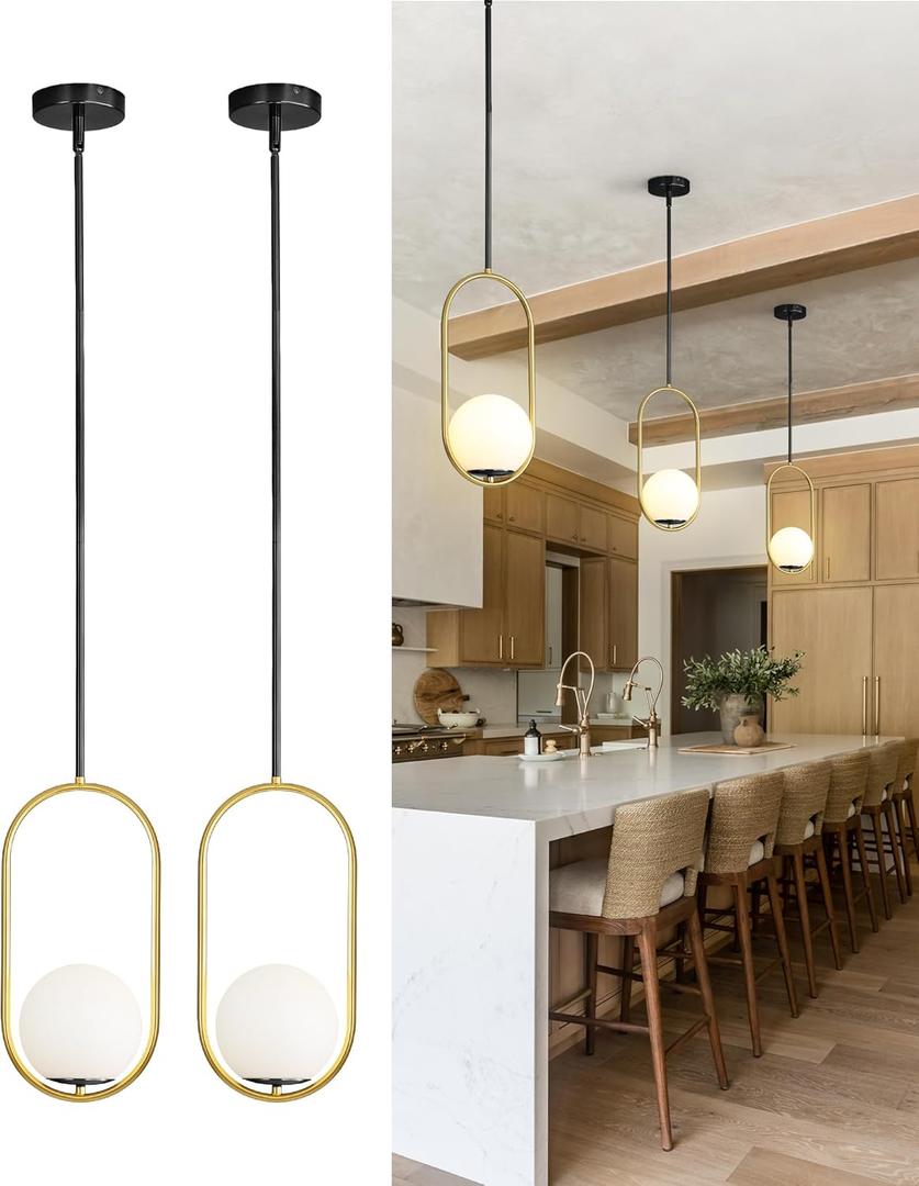 Yunnix Pendant Lights Kitchen Island, Pendant Light Fixtures, 2 Pack Modern Black and Gold Globe Glass Pendant Lighting, Mid Century Chandelier One Light for Bathroom Bedroom Dining Room
