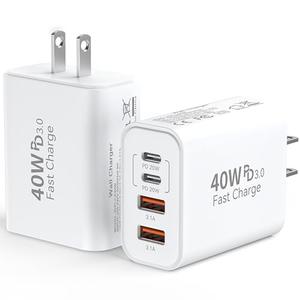 USB C Wall Fast Charger Block, 40W 4-Port Type C Charger Fast Charging Blocks PD Power Charger Adapter+QC 3.0 USB Multiport Charger Brick for iPhone 16/15/14/13/12 Pro Max, iPad, Galaxy S24/23-2Pack