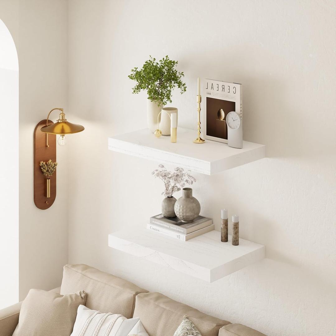 24" Extra Deep Floating Shelves, Set of 2, White Finish