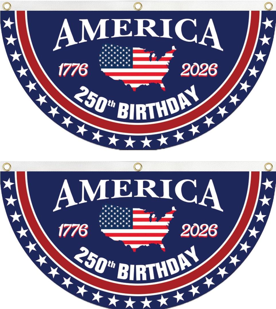 WENWELL 250 year anniversary Birthday Bunting Flag, 1776-2026 Commemorative Patriotic Fan Banner, 1.5x3 FT with Brass Grommets 2 Pack