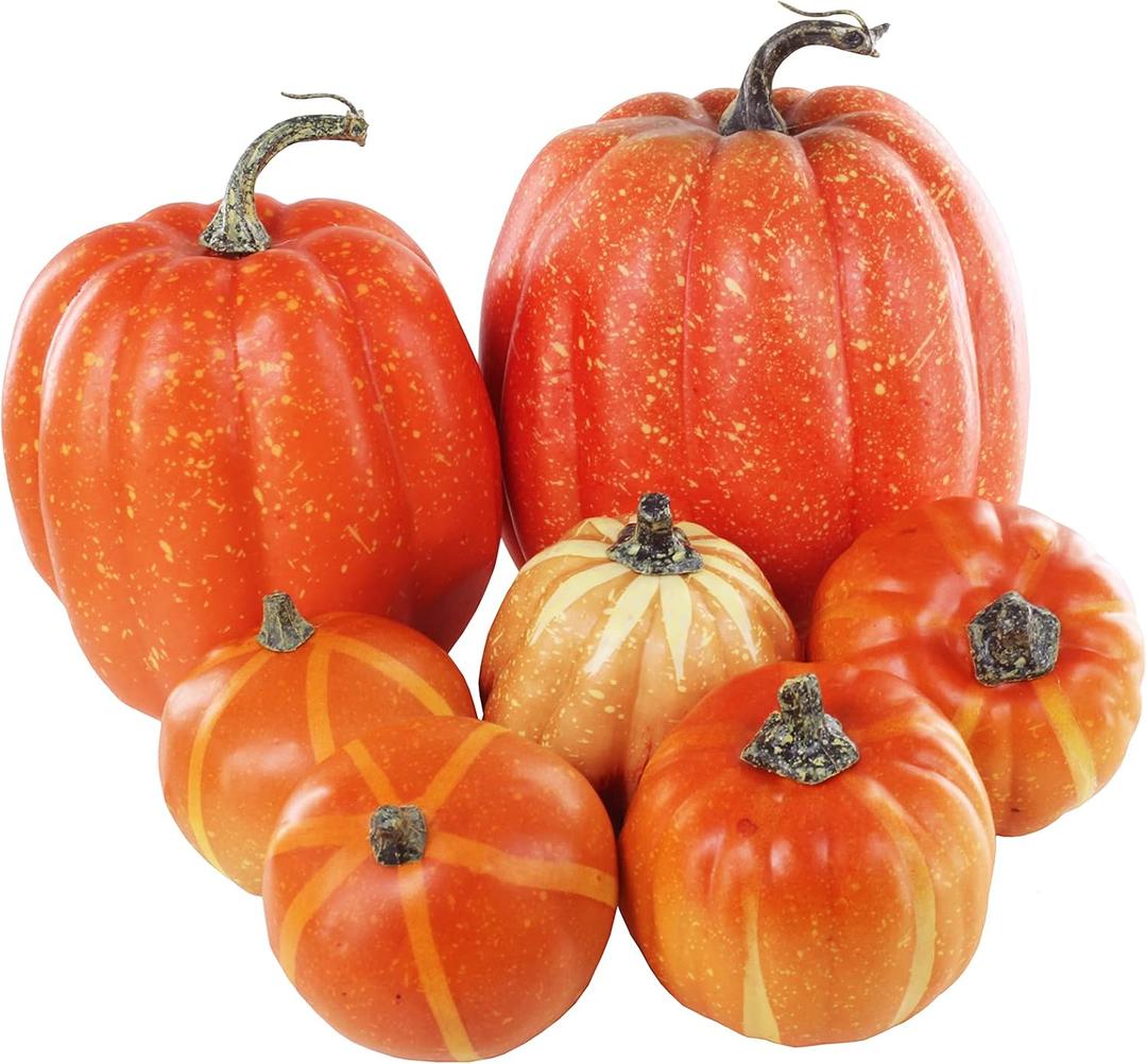 Winlyn 7 Pcs Assorted Artificial Orange Pumpkins Harvest Decorative Foam Pumpkins for Farmhouse Rustic Fall Thanksgiving Halloween Tabletop Centerpiece Mantel Shelf Kitchen Decoration
