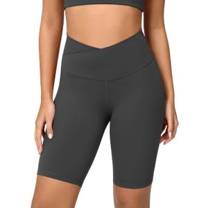 ODODOS Women's Crossover Yoga Shorts with Back Pocket, 8" Buttery Soft V High Waist Lounge Biker Shorts, Charcoal, Small 