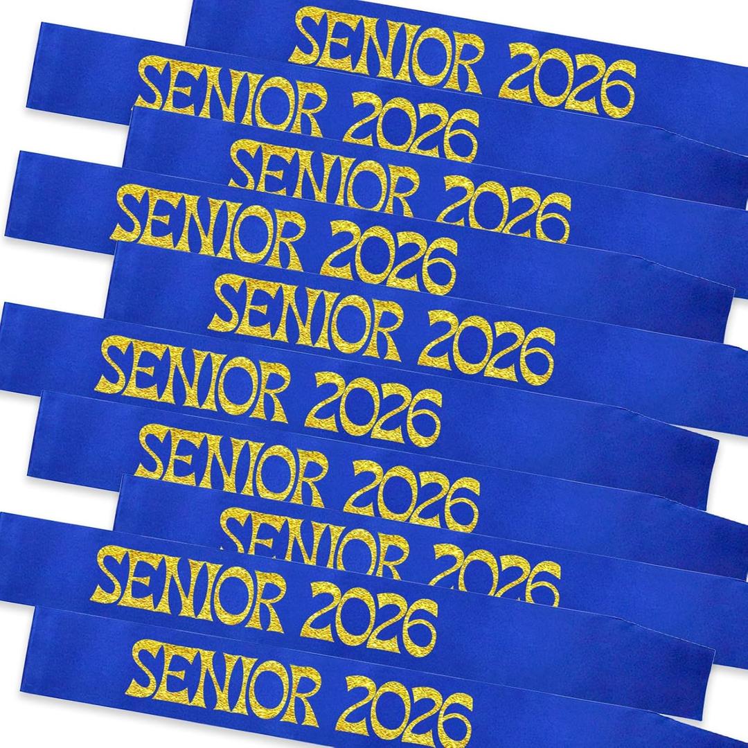 Senior 2026 Sash Set of 10, Royal Blue Graduated Sash with Gold Glitter Letter Senior Class 2026 for Graduation Celebrations Decorations