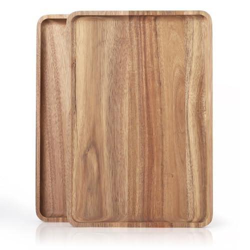 2 PCS Solid Acacia Wood Serving Trays 13 * 9 inch Rectangular Wooden Serving Platters Natural Wooden Boards for Bar Coffee Party（Wood Log Color）