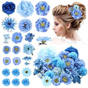 BBTO 21 Pcs Flower Hair Clip Rose Hair Clips Barrettes for Women Flower Accessories Boho Bride Claw Clip Hairpin Brooch Pin Headpiece for Wedding (Blue Series)
