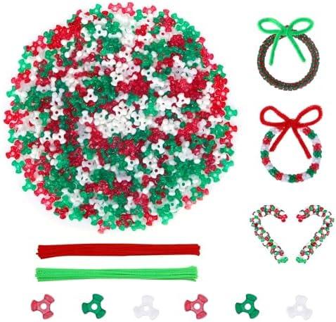 GREENTIME 1000pcs Christmas Tri Beads Ornaments Kit - Red, Green, White Triangle Beads for Candy Cane Ornament Craft, Wreath, Xmas Holiday Tree Decorations