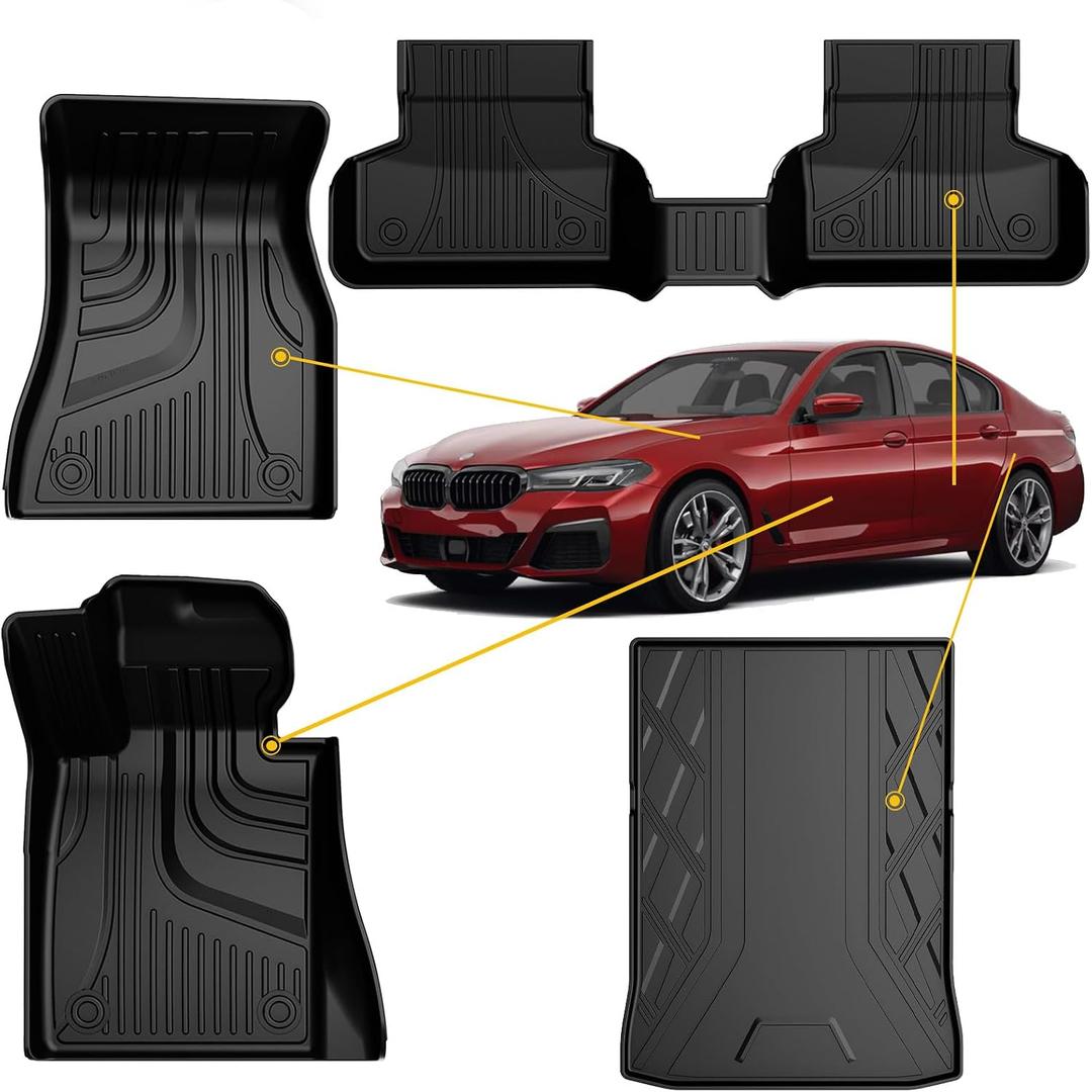 Floor Mats & Cargo Mat for 2017-2023 BMW 5 Series G30 (Without Spare Tire Compartment) - All Weather Custom Fit Car Floor Liners for M5(F90) 530i 540i 540d M550i (Not for G31/530e/Touring/Wagon)