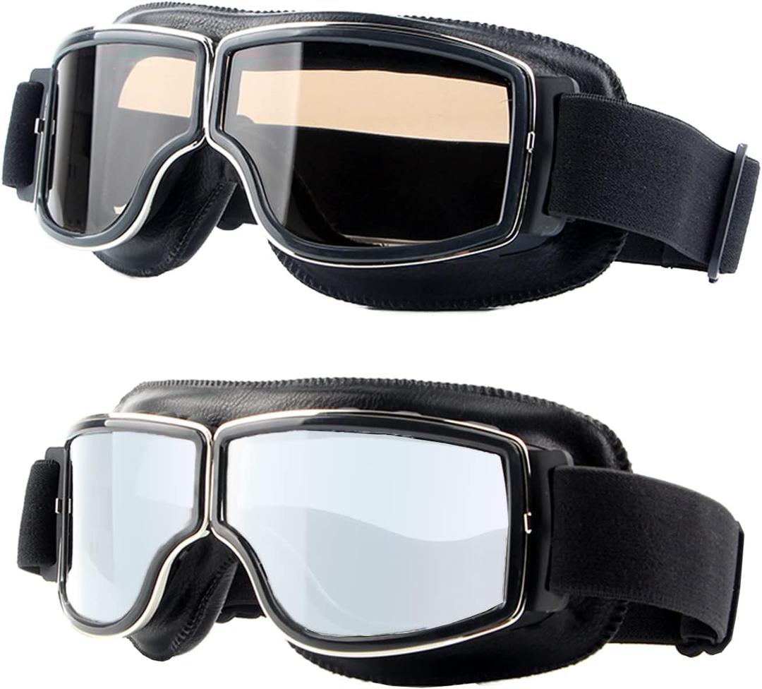 LJDJ Motorcycle Goggles,2 Pack Vintage Anti Fog Pilot PU Leather Glasses Dustproof ATV Off Road Motorbike Helmet Eyewear Protect for Ridding Motorcross Classes Aviator Goggles for Men Women Adult