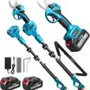 Electric Pruning Shears with Pole 1.4-2.0 Cutting Diameter & 2-IN-1 Electric Pole Pruner,2PCS 21V 3.0Ah Batteries,Brushiless Motor,4 Modes Adjustable Branches Cutter for Flower, Tree Trimming(Blue)