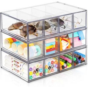 Desk Organizer with 12 Drawers, FODIENS 3 Packs Stackable Desktop Storage Box with Removable Drawer, Clear Sunglasses Organizer Display Case for Stationery Marker Pens Eyeglasses Office Supply