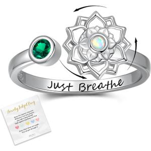 Fidget Spinner Anxiety Rings for Women: Sterling Silver Lotus Just Breathe Adjustable Stress Relieving Birthstone Jewelry Gifts for Daughter