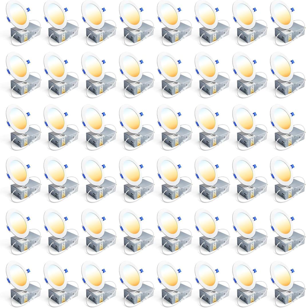 Ensenior 48 Pack 4 Inch LED Recessed Light, Dimmable, 2700K-5000K 5CCT, 750LM High Brightness, 9W 120V, Damp Rated, Ultra-Thin Canless Wafer Ceiling Light - ETL & FCC & IC