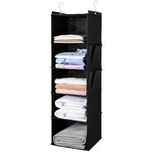 BOOMIBOO Hanging Closet Organize and Shelves，5-Hanging Shelf with 2 Side Pockets，Storage Foldable （Black）