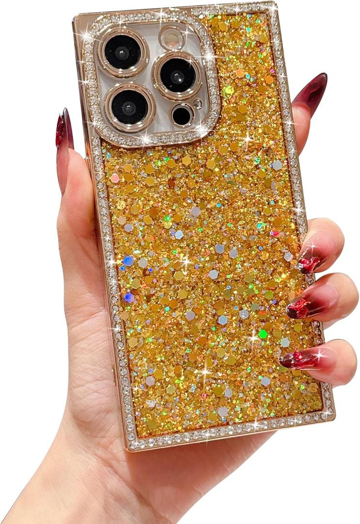 Owncase for iPhone 15 Pro Case Glitter, Crystal Diamonds Shiny Bling Sparkly Electroplated Edge Shockproof Soft TPU Bumper Phone Case for Women Girls, Gold