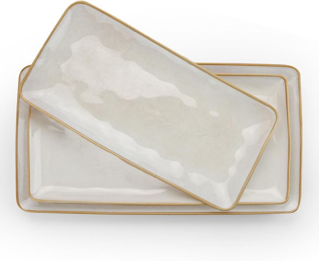 Famiware Serving Platter, Rectangular 15.67/14.1/12.6 inch Serving Dishes for Entertaining, Microwave Dishwasher Safe, Stoneware Serving Trays for Party, Turkey, Cheese, Ocean Series, Cappuccino White