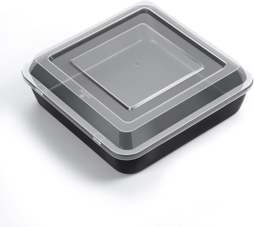 TeamFar Square Baking Pan, 8Inch Cake Tin with Lid with Stainless Steel Core & Nonstick Coating, for Baking Roasting Serving, Non-toxic, Easy to Release & Clean- (1 Pan + 1 Lid) (Black)