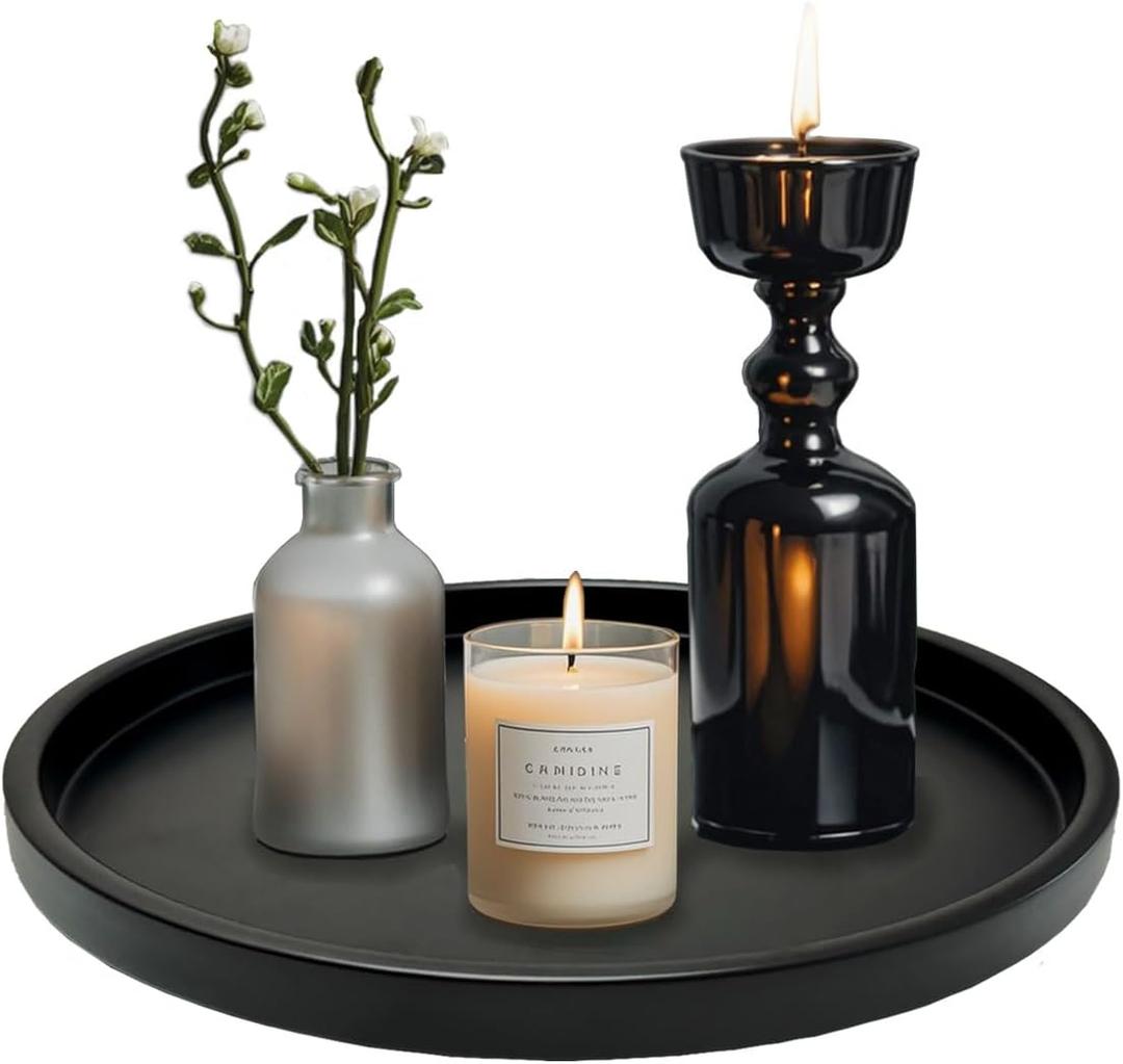 Round Black Metal Candlestick Tray, Decorative Serving Tray, Candle Holder Tray for Wedding Table, Dinning Table Decorations(11.5 inches)