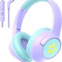 Kids Wired Headphones for School, 85/94 dB Volume Limit, Wired Over Ear Headphones for Girls Kids with Microphone, Foldable Stereo Sound 3.5mm Wire Cord for Kindle Tablet Airplane Travel, Purple