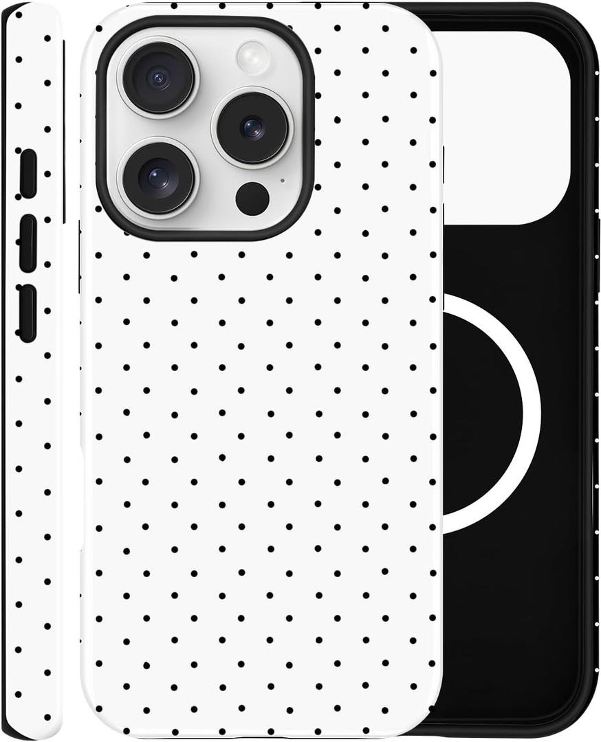 Magnetic Case for iPhone 16 Pro Max, Compatible with MagSafe, Aesthetic Polka Dot Cute Design for Women, Hybrid 2-Layer Hard Shell Phone Cover, White