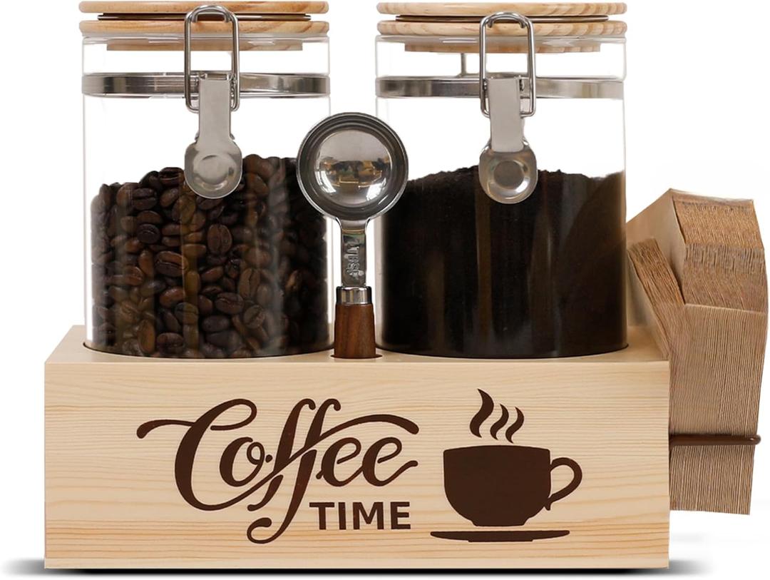2 x Glass Coffee Canister Set with Shelf & Spoon 2 Piece Coffee Containers for Coffee Bean Storage Airtight Seal, Coffee Bar Accessories Filter Holder for Kitchen Organization