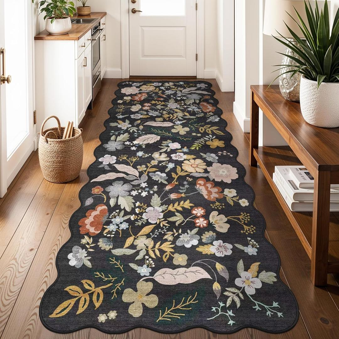 3x8 Washable Non-Slip Runner Rug for Hallway, Kitchen, Entryway, Bathroom Boho Vintage Floral Wide Carpet Runner with Scalloped Soft, Low-Pile, Thin (Black,3x8)