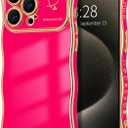 Hython for iPhone 15 Pro Max Case Wave Wavy Phone Cases with Love Heart, Luxury Plating Edge Cute Curly Shape Cover for Women Girls, Thin Slim Soft TPU Rubber Shockproof Protective Cover, Hot Pink, Pack of 2