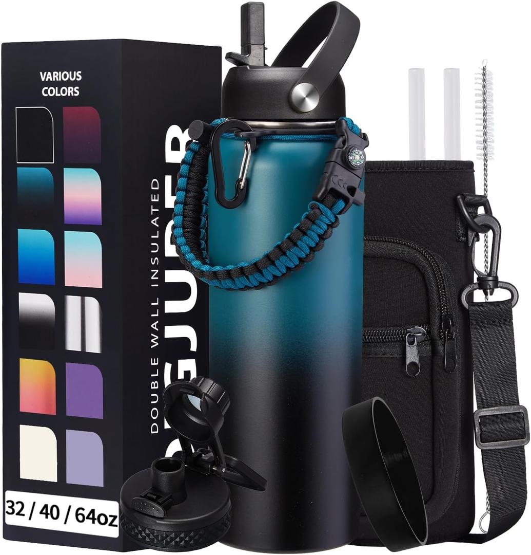 Vacuum Insulated Water Bottle 40oz - with Straw & Spout Lids, Paracord Handle, Shoulder Carrier Bag, Sport Stainless Steel, Double-Wall Metal Water Bottle Thermo Hydro Mug Flask (Indigo Black Gradient)