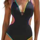 popvil One Piece Swimsuit for Women 2026 Bathing Suit Side Cut Out Ribbed Swim Suits Shell Trim Deep V Neck Swimwear, Black, X-Large