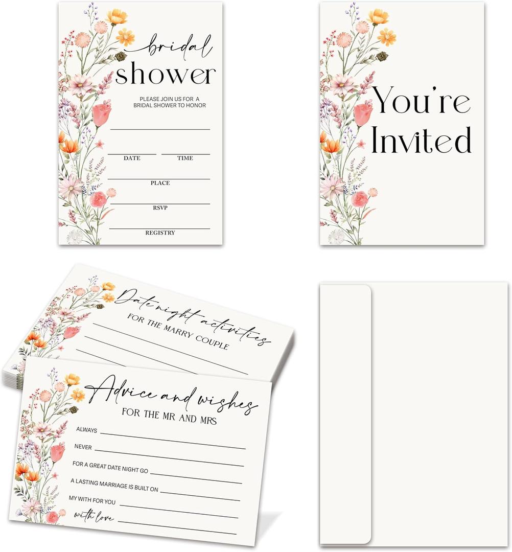 Wedding Invitation Kit, Advice And Wishes Cards For The Mr And Mrs, Wildflowers Bridal Shower Invitations With Envelopes, Wedding Cards For Bride And Groom, Engagement Party Favors -05