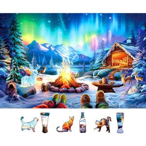 Aurora Winter Camp 500 Piece Puzzle for Adults, Fun Puzzles for Adults 500 Pieces with HD Print & Poster, 23" X 15" in Dust Free, for Gifts Halloween Christmas Family Games Lovers (Blue&white-500 Piece-northern Travel Camping)