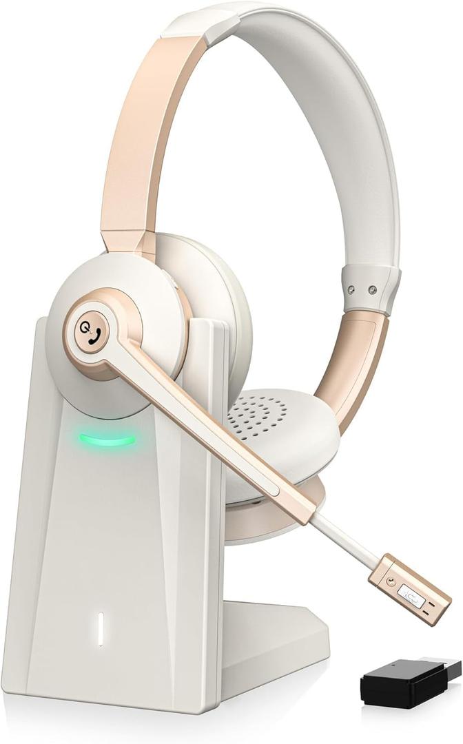 Wireless Headset, Bluetooth Headset with Microphone AI Noise Canceling & USB Dongle, On-Ear Wireless Headphones with Mic Mute & Charge Dock for Work Computer Phone Office Call Meeting