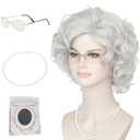 Yan Dream Old Lady Wigs Old Woman Costume Set Silver Grey Grandma Wig Granny Glasses Pearl Necklace for Halloween