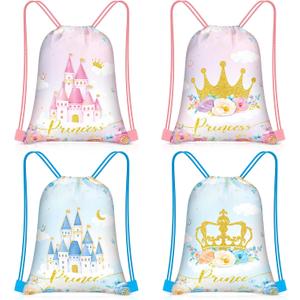 Censen 24 Pcs Drawstring Bags Set Bulk 12 x 10 Inch Princess Prince Party Favor Bags Crown Castle Floral Favor Gift Bag for Kids Gift Party Supplies (castle and Crown Style)