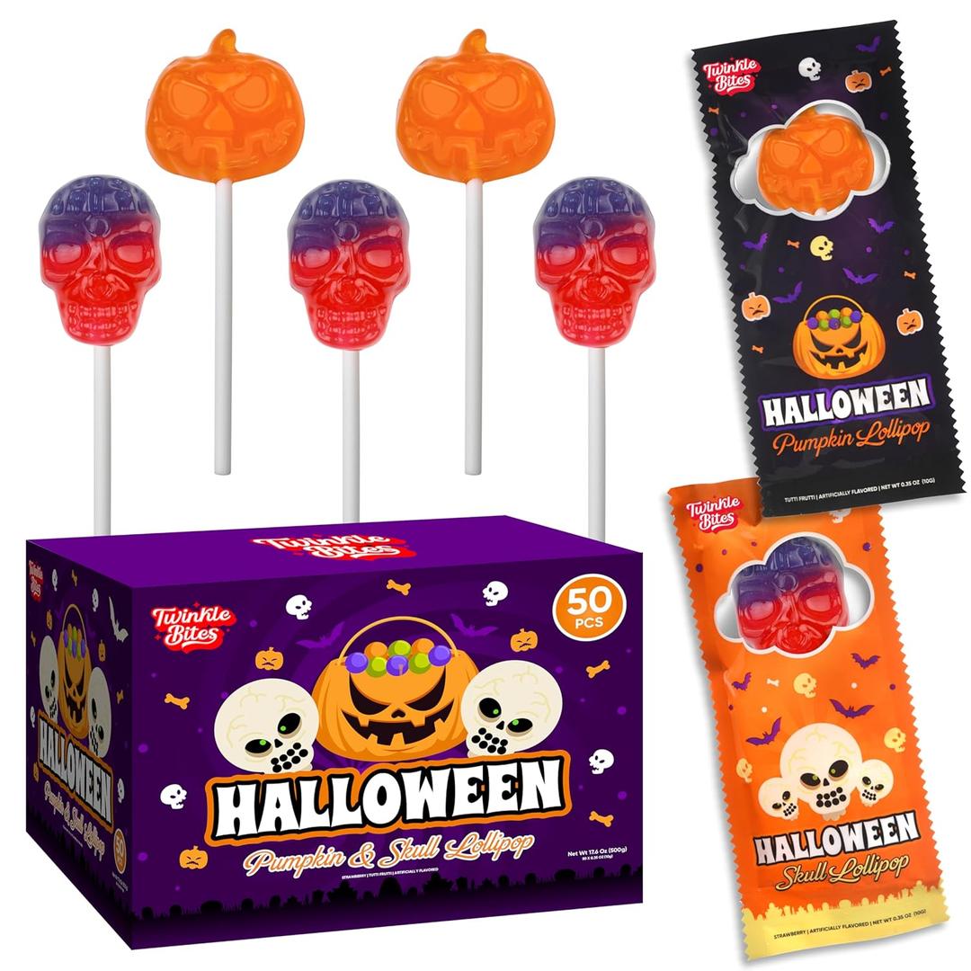 50 Pack Halloween Lollipops - Individually Wrapped Pumpkin And Skull Suckers  Strawberry And Tutti Frutti Delicious Candys - Bulk Candys Great Use, For Kids, Party Favor, Classrooms, Goodie Bags