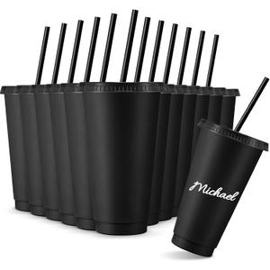 Amyhill 12 Pcs Reusable Cups with Lids and Straws 24 oz Plastic Tumbler Iced Coffee Cup Travel Mug for Smoothie Juices Birthdays Sleepover Party Supplies for Girls (Black)
