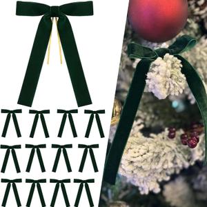 12Pcs Dark Green Velvet Christmas Tree Bows Ornaments Vintage Velvet Ribbon Bows for Tree Garland Wreath Indoor Outdoor Christmas Decor Xmas Decorations 1'' Wide, 5 * 7 inch