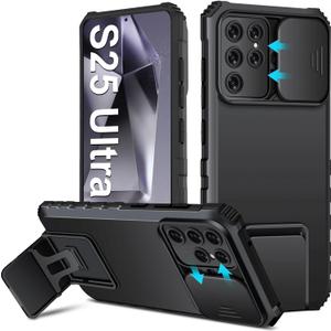 S25 Ultra Case Compatible for Samsung Galaxy S25 Ultra 5G, Slide Camera Cover Lens Protection, Military-Grade Shockproof Phone Case with Kickstand Rugged Protective Cover for Samsung S25 Ultra (Black)