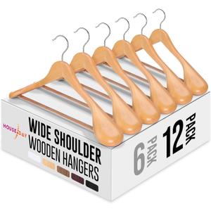 HOUSE DAY Wide Shoulder Wooden Hangers 12 Pack, Wood Suit Hangers for Men with Non Slip Pants Bar, Smooth Finish Solid Wood Coat Hanger for Jacket, Pants, Dress, Heavy Clothes Hangers (Natural)