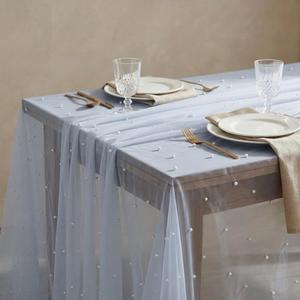 Horaldaily White Pearl Blue Gauze Tablecloth 6084 Inch Rectangular, Spring Summer Tulle Lace Cheesecloth, Bridal Shower Table Cover for Wedding Birthday Table Decor
