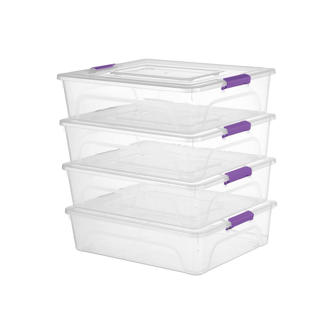 Novelinks Clear Plastic Storage Bins with lids, Stackable Storage Containers, Durable Craft Storage Boxes, Organization Containers for Home Office (10 Quart 4 Pack Purple)