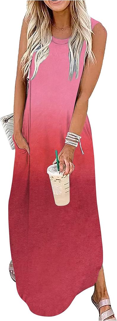 CHUNTIANRAN Women's Maxi Dress Summer Casual Sundress Sleeveless Long Dresses Hawaiian Beach Maxi Dress with Pockets(Pink Gradient, X-Large)
