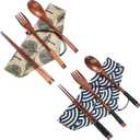 2 Sets Wooden Utensil Set, Travel Utensils for Eating, Wooden Fork Spoon Chopsticks, Reusable Portable Flatware Cutlery Set, Tied Line Flatware with Pouch for Lunch Camping Traveling