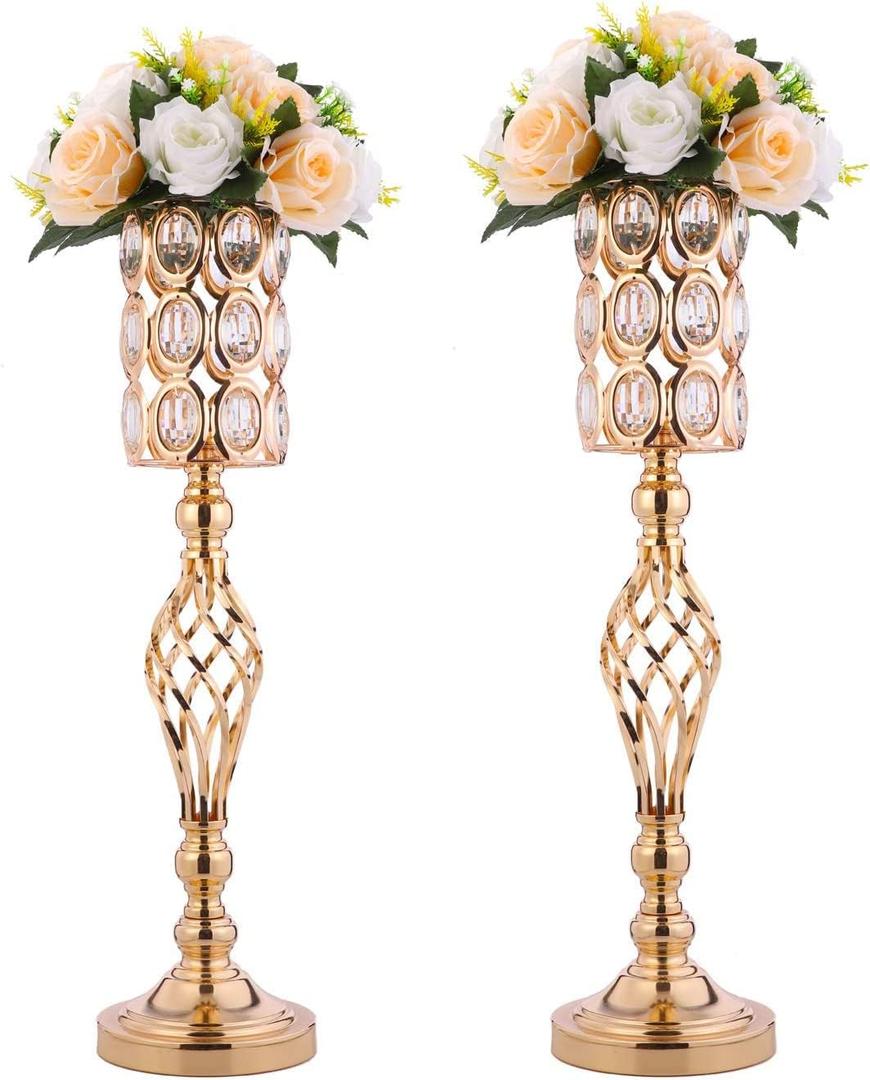 2pcs Gold Vases for Wedding Centerpieces for Tables, 24in Metal Diamond Crystal Flower Stand for Wedding Decorations for Reception Party Dining Room Living Room Decor